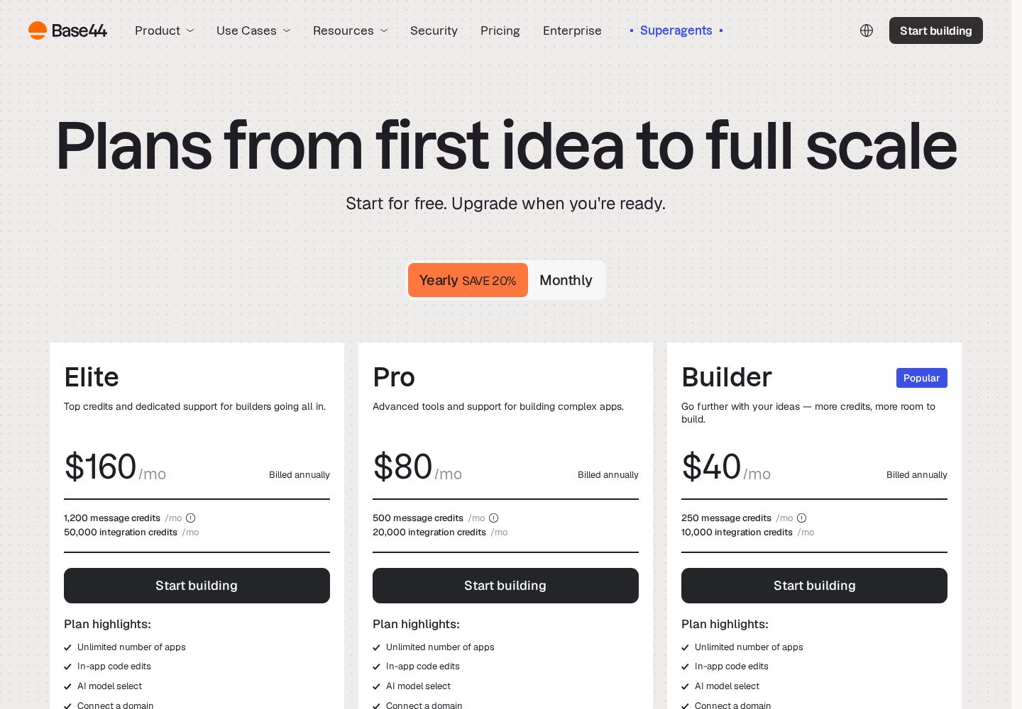 Base44 official pricing page showing its Elite, Pro, and Builder subscription plans