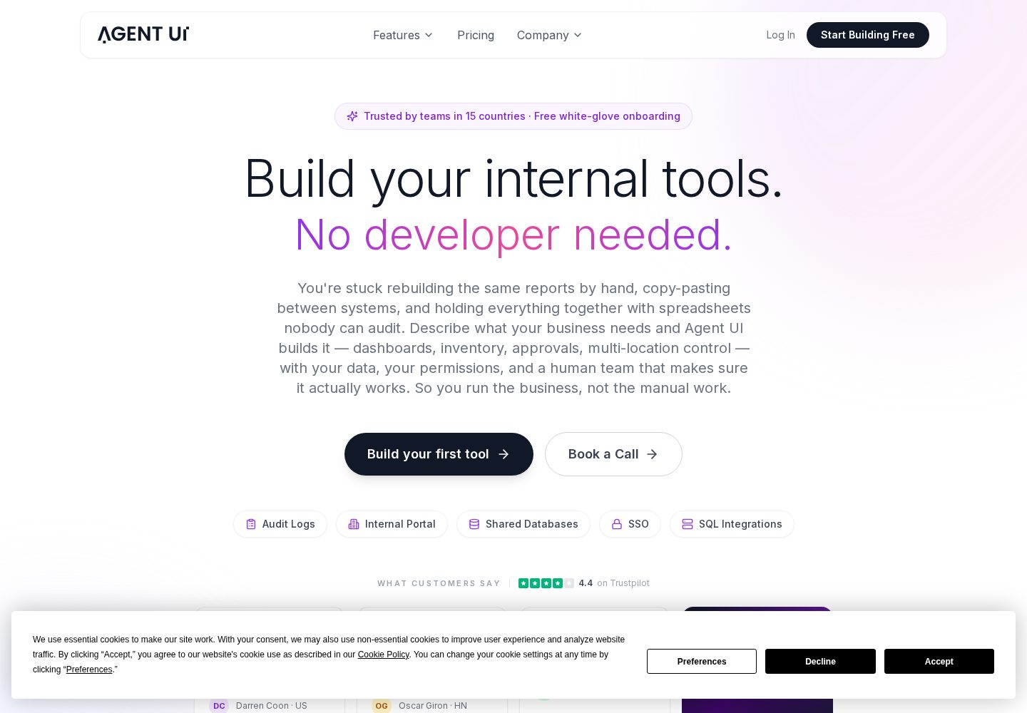 AgentUI official homepage explaining its no-code internal tools builder with example interfaces