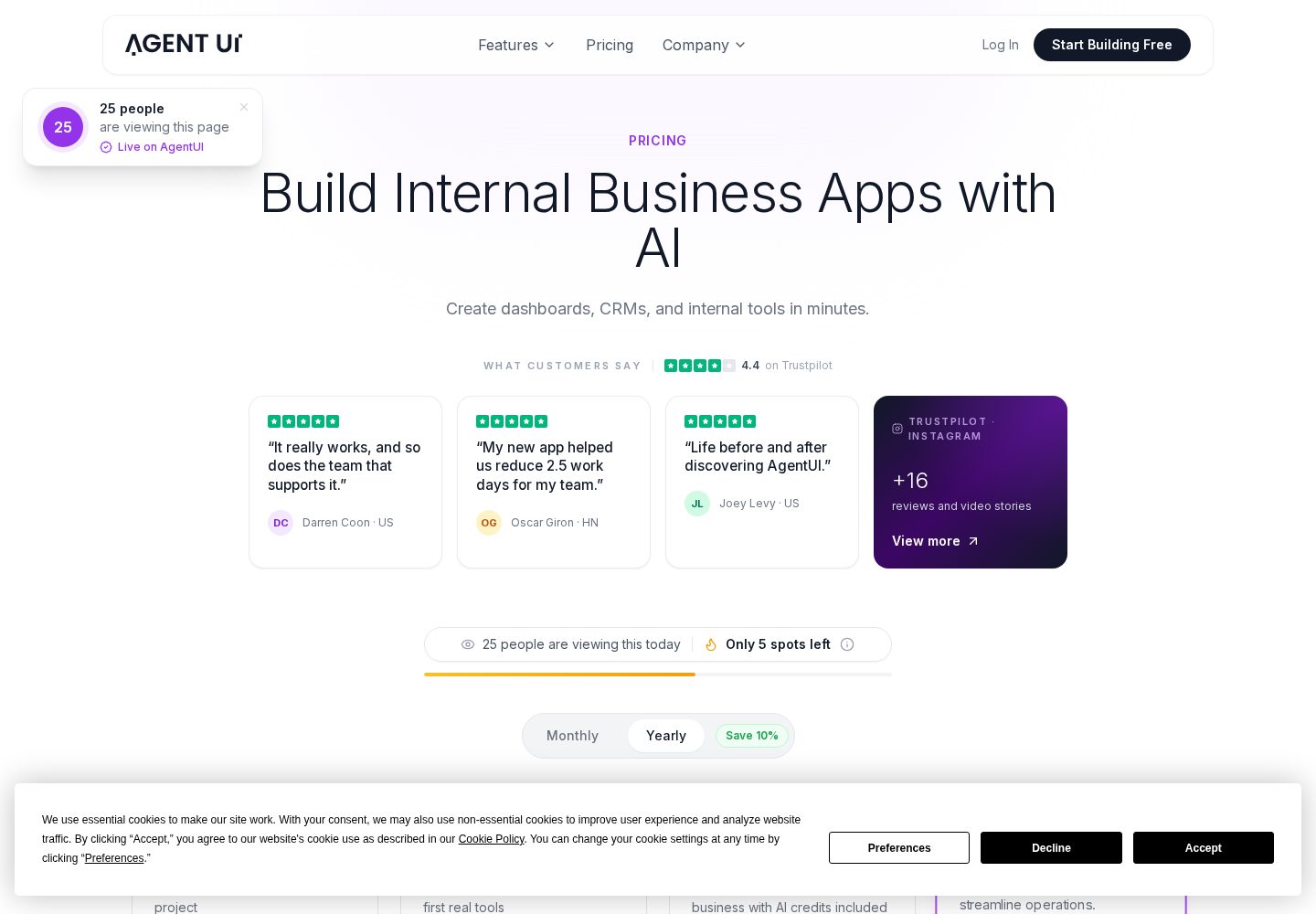 AgentUI official pricing page showing its subscription plans and included AI capacity