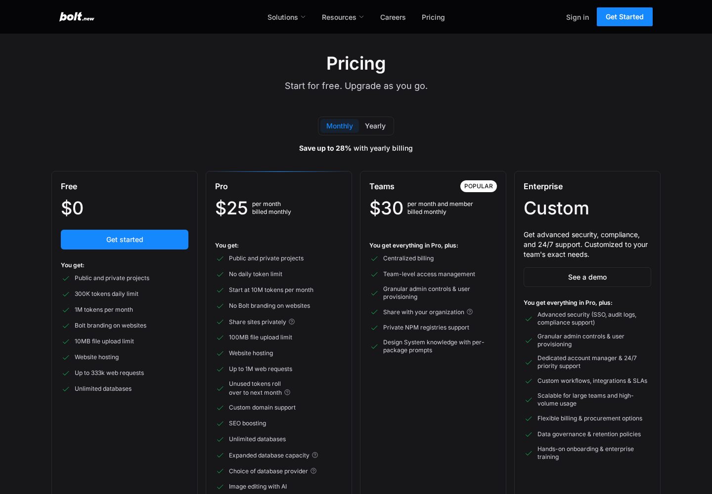 Bolt.new official pricing page showing Free, Pro, Teams, and Enterprise plans