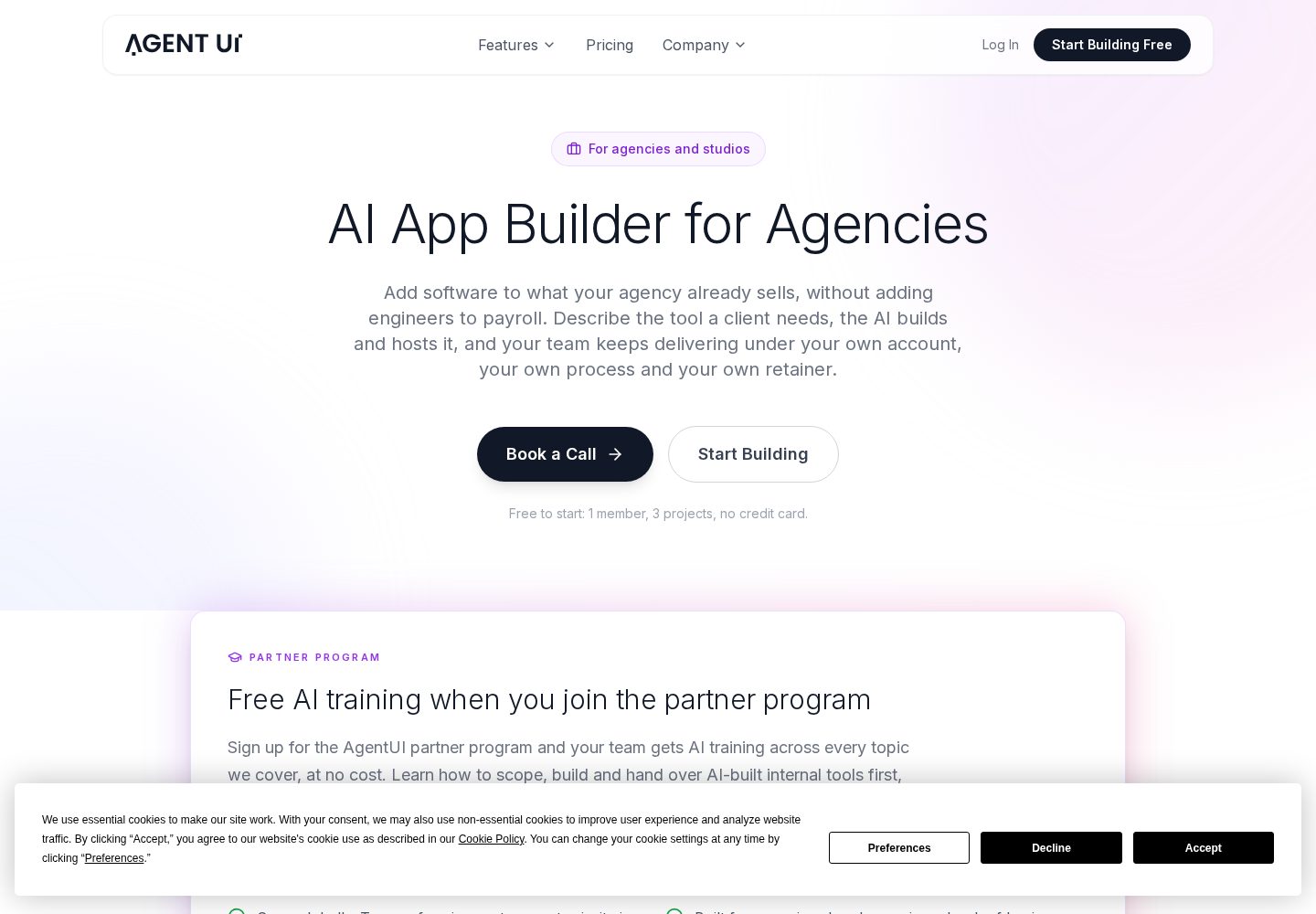 AgentUI official agency use-case page describing client portals and business dashboards