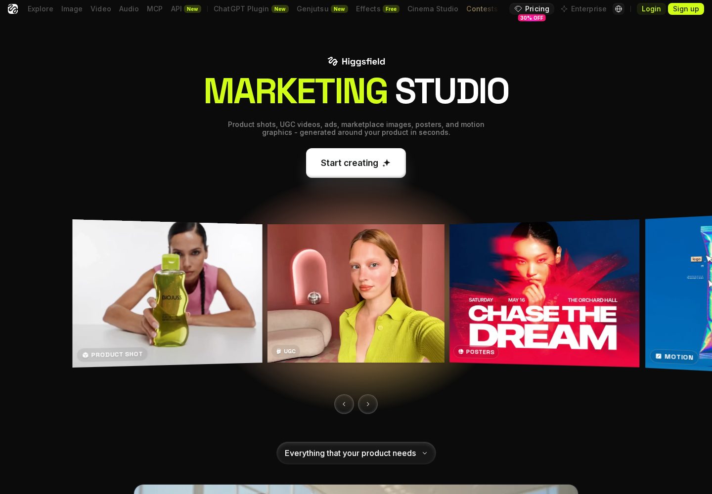 Higgsfield official Marketing Studio page showing AI-generated product advertising examples