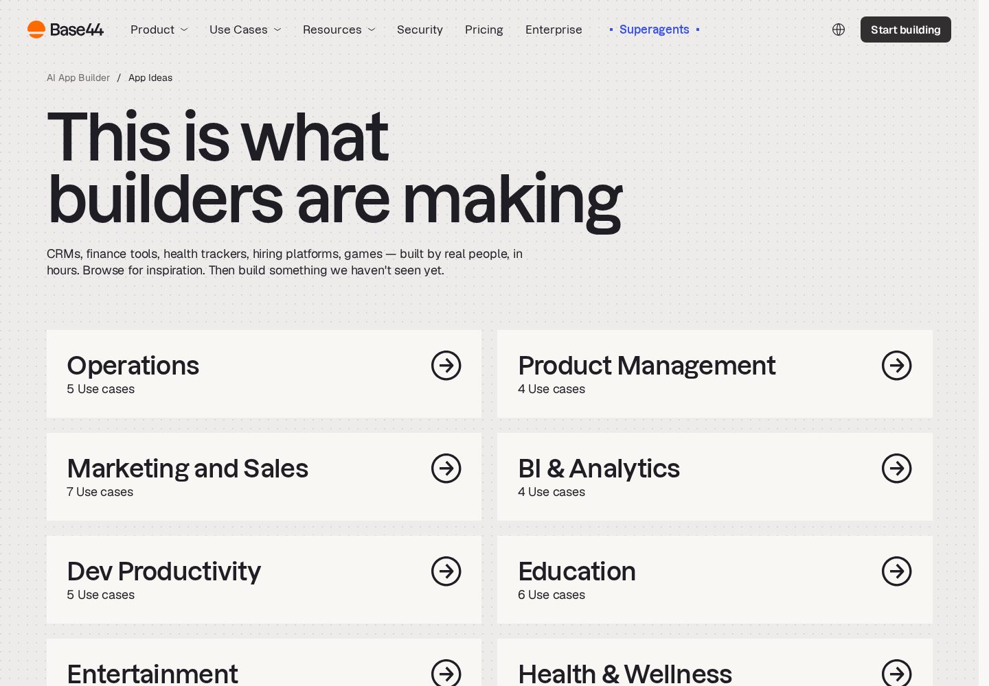 Base44 official use-cases page listing operations, product management, marketing, sales, and education apps