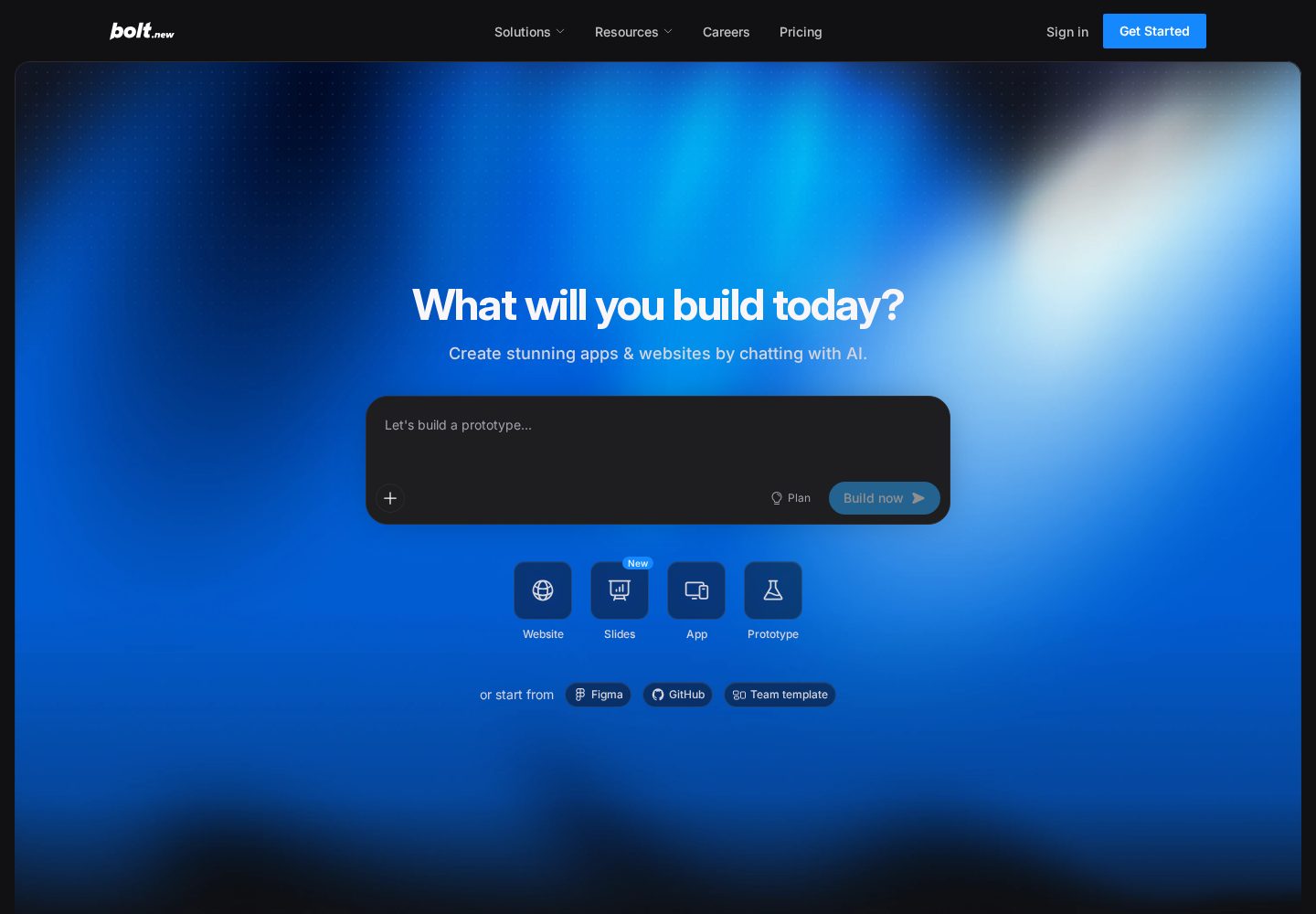 Bolt.new official homepage showing its prompt box for creating a new web application