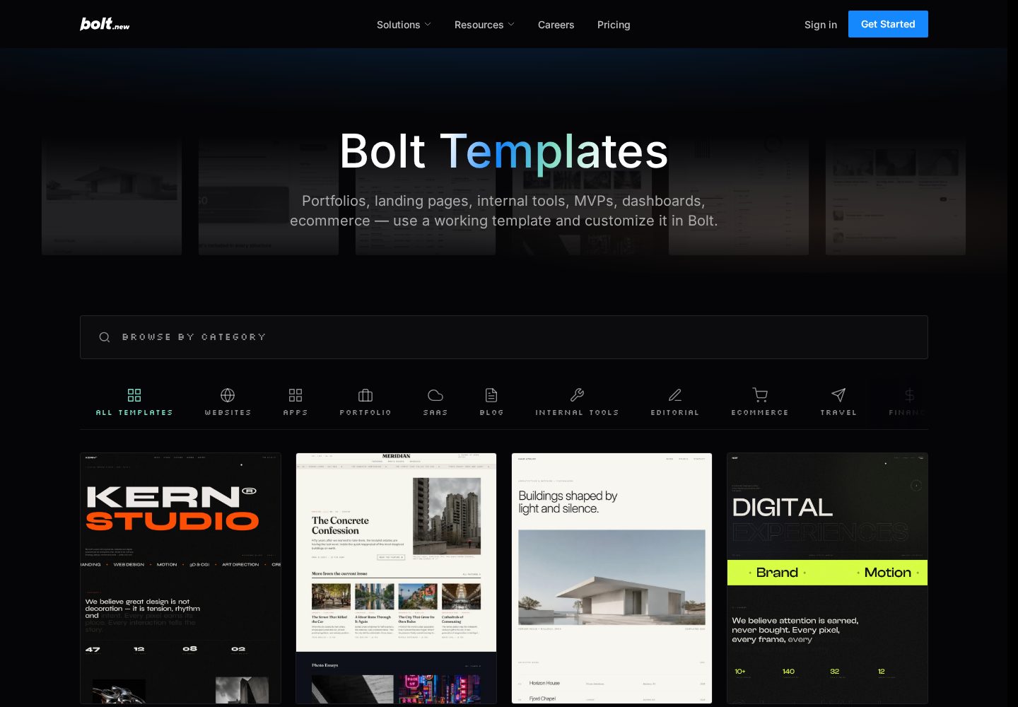 Bolt.new official templates library showing website, dashboard, and storefront starter designs