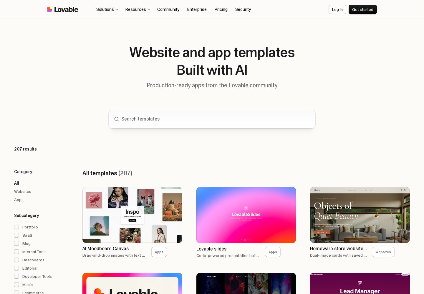 Lovable official templates library showing AI-built website and app examples