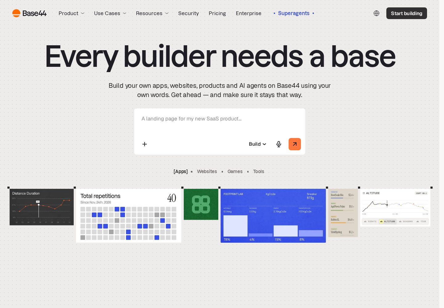 Base44 official homepage showing its AI prompt box and example business app interfaces