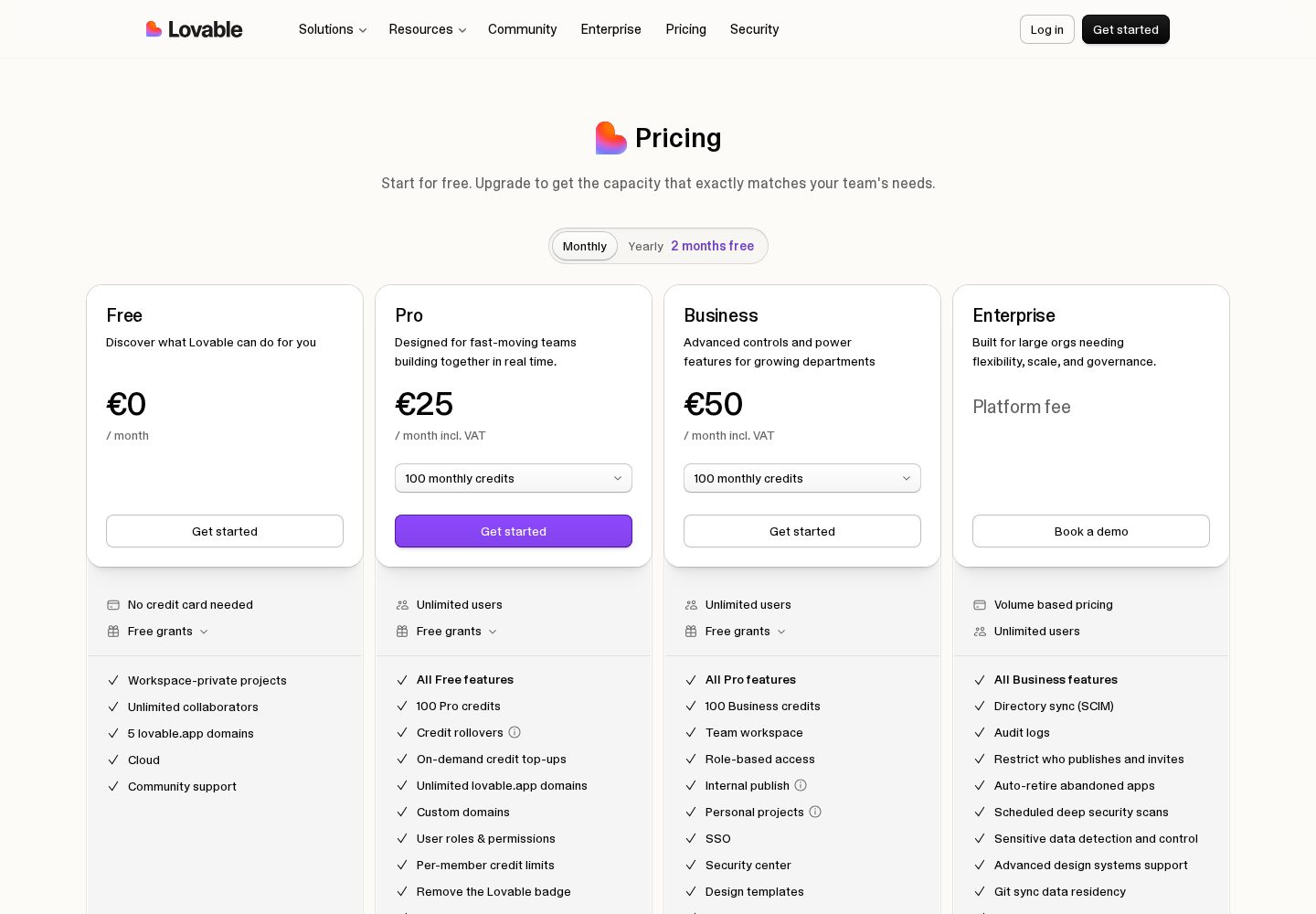 Lovable official pricing page showing Free, Pro, Business, and Enterprise plans