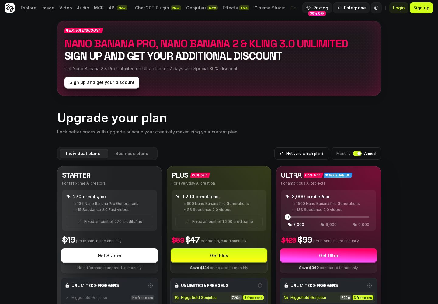 Higgsfield official upgrade page showing Starter, Plus, and Ultra plans with monthly credit allowances